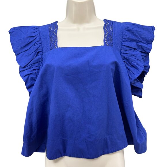 Anthropologie Tops - Anthropologie Crop Top Womens Cobalt Blue Flutter Sleeve Square Neck Cotton Sz L